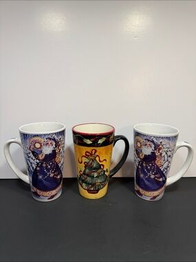 Vintage NOS Holiday Santa & Christmas Tree Ceramic Mug Set - White and Yellow